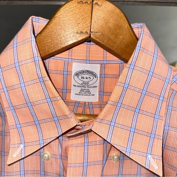 Brooks Brothers 346 Men’s Button Up Dress Shirt Orange‎ Blue Checkered Cotton - Picture 3 of 11